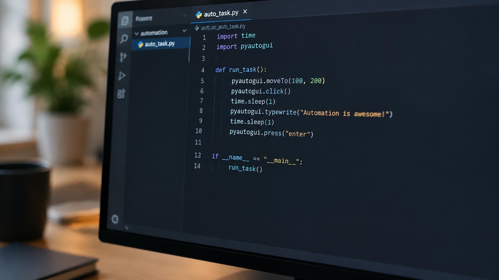 Code editor with an automation script on a monitor