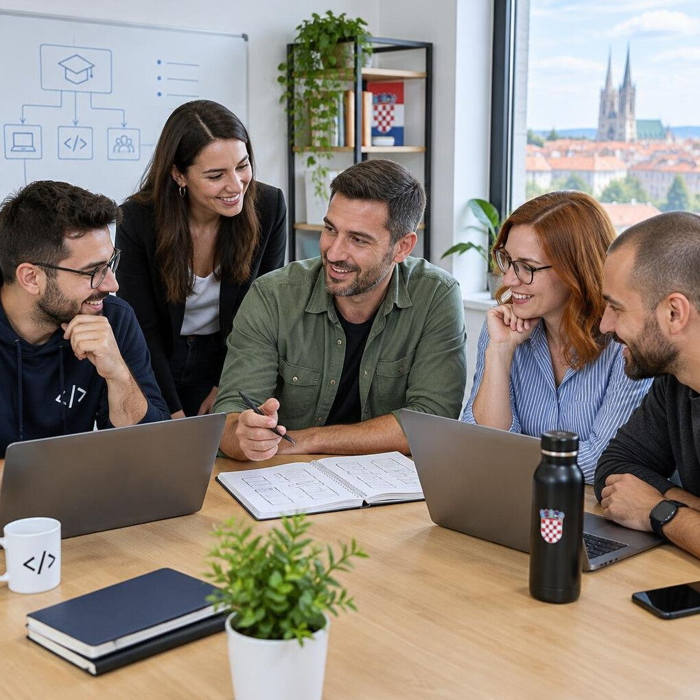 Team of colleagues working together around a table with laptops