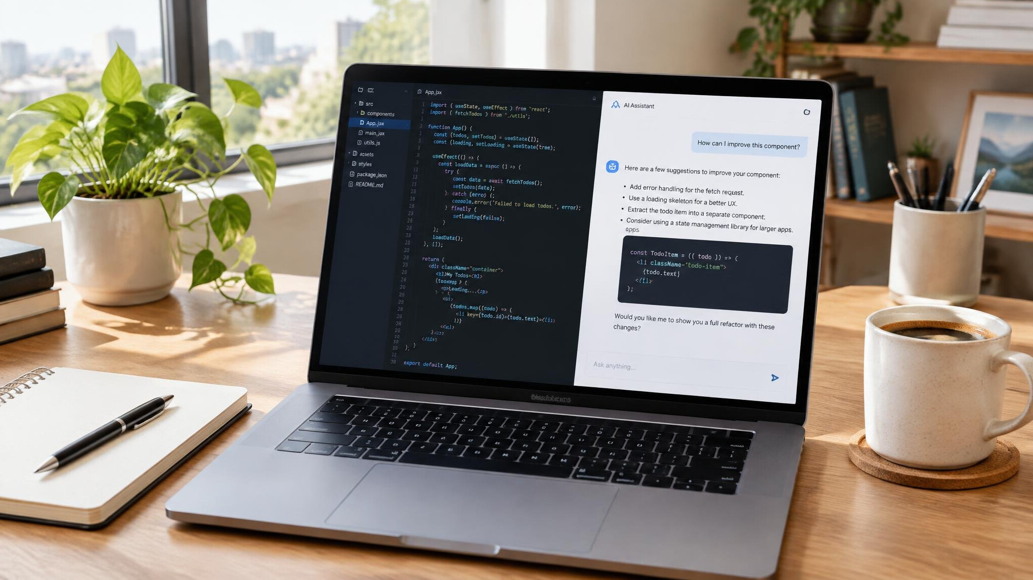 Freelancer laptop with code editor and AI assistant on a bright desk