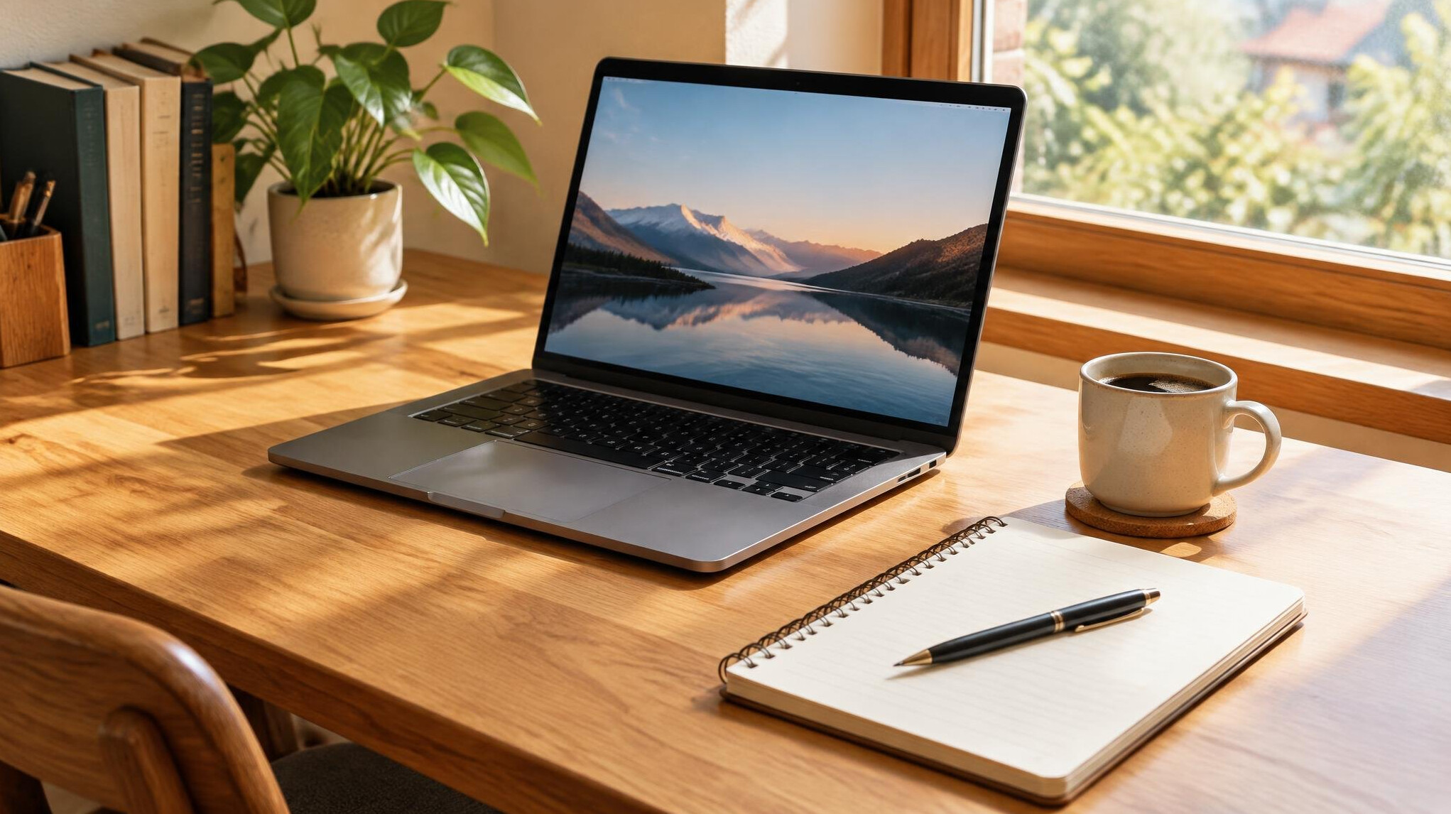 Laptop and notebook on a wooden desk with a coffee