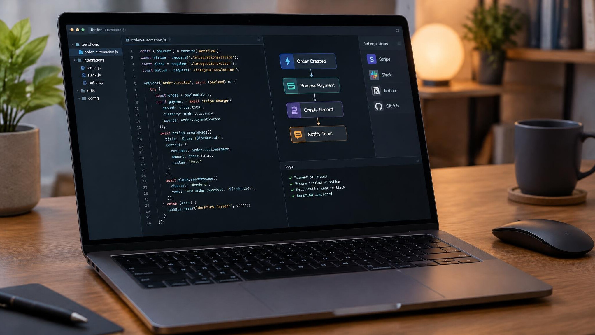 Laptop showing workflow automation code