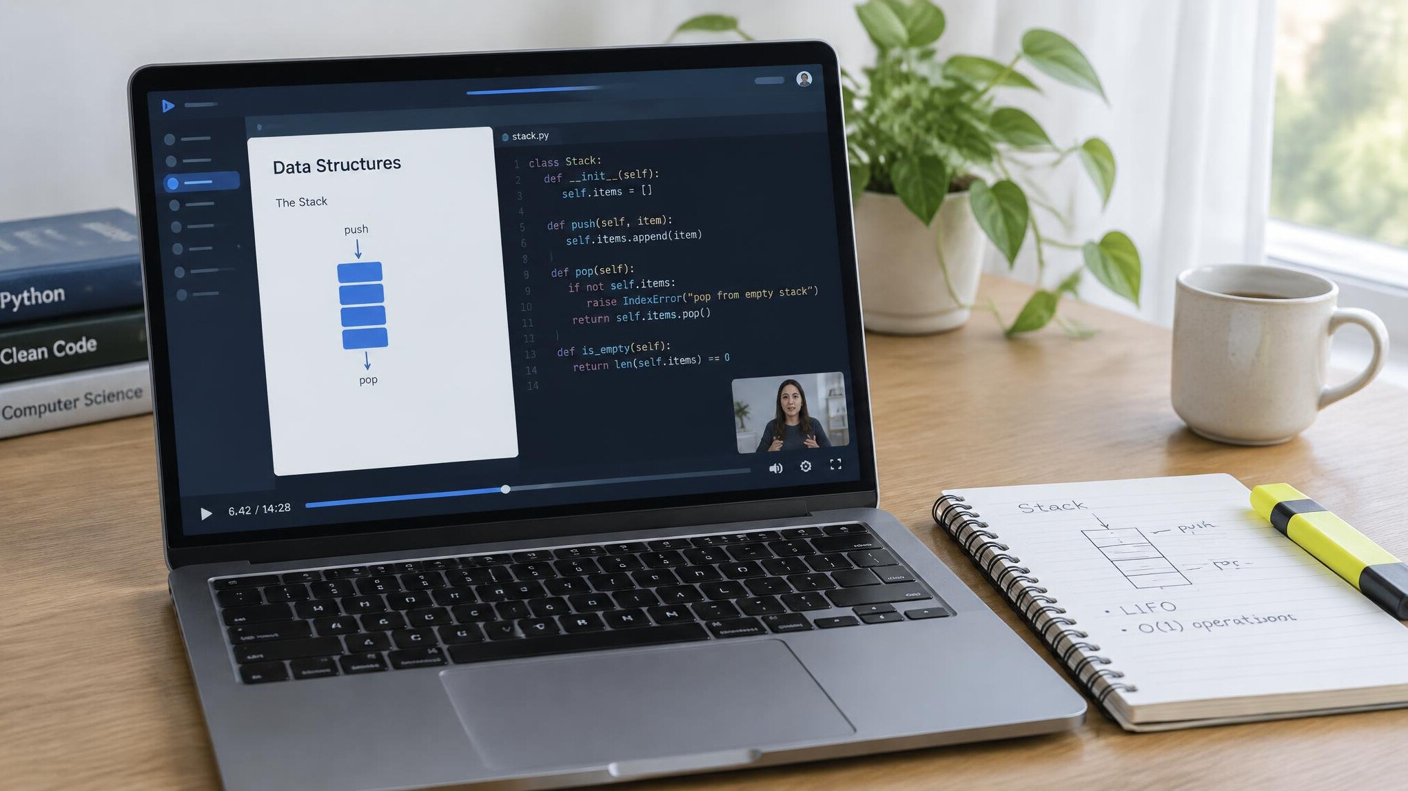 Laptop with an online lesson on screen next to a notebook