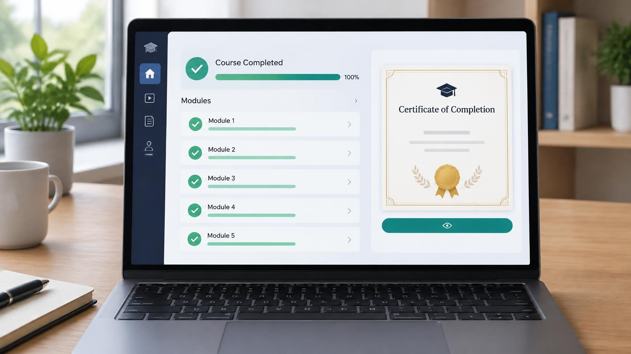 Laptop showing a completed course dashboard on a desk