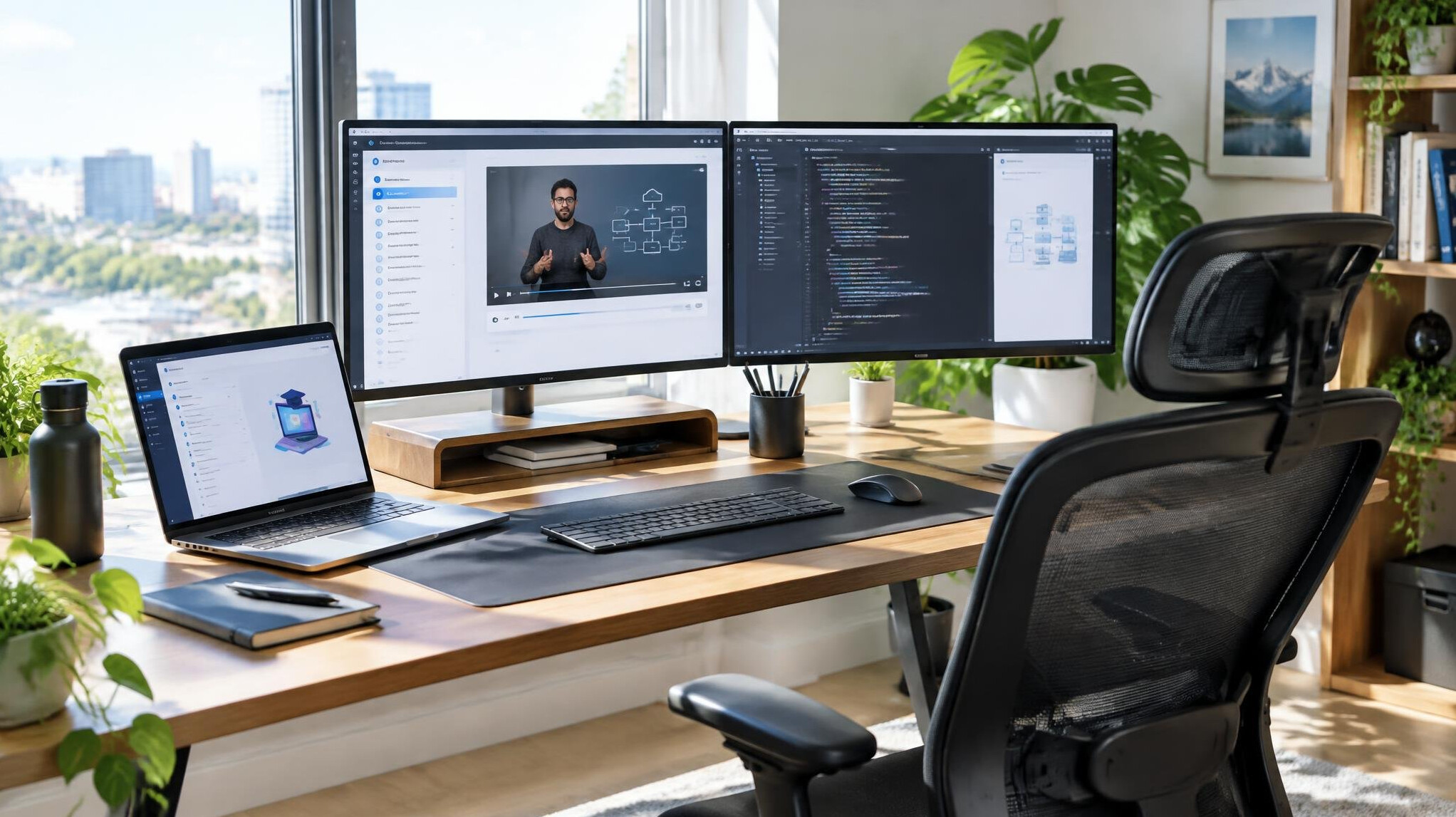 Modern workspace with two monitors and a laptop
