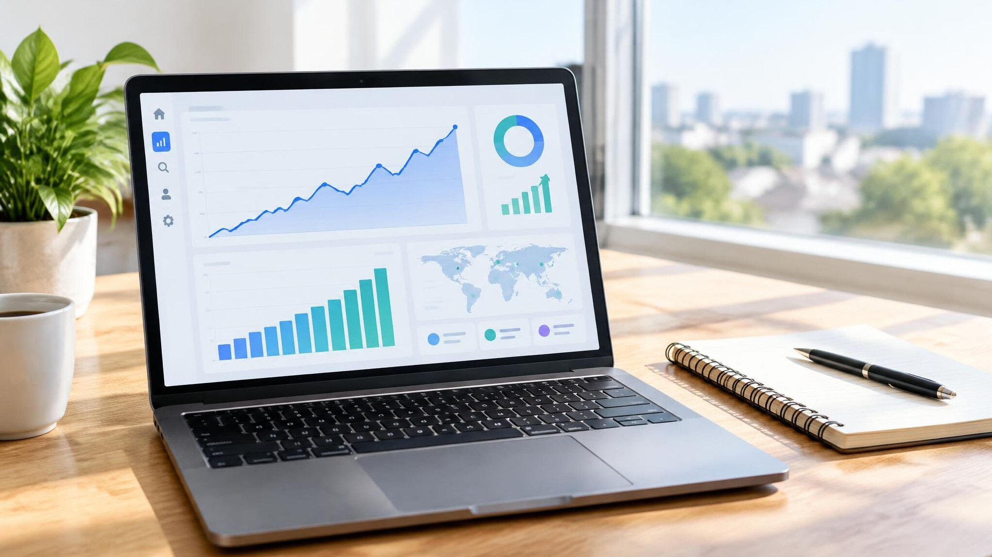 Laptop with analytics and market growth graphs