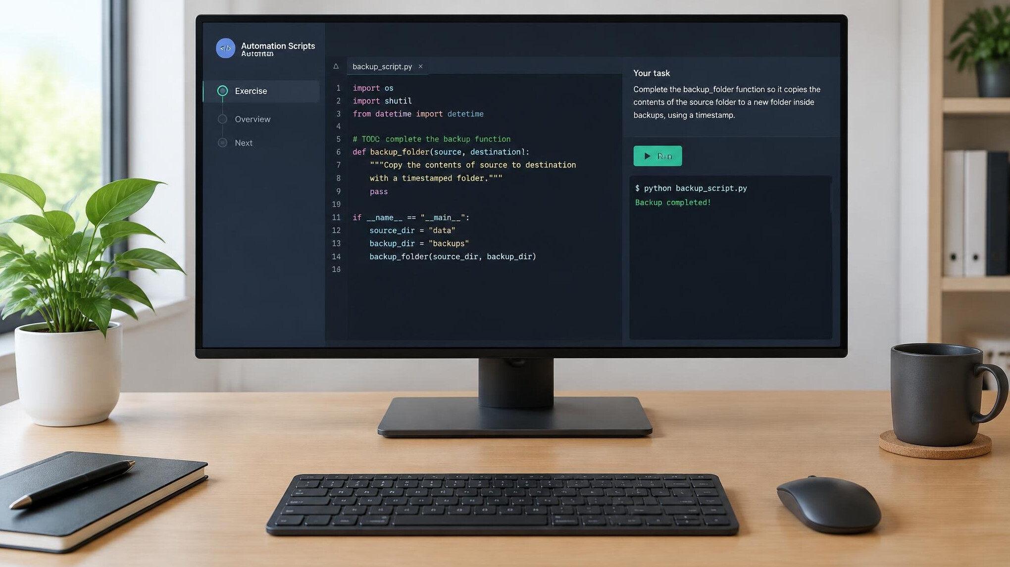 Screen with code and a learning exercise